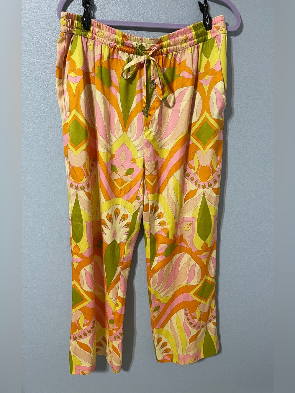 Zara Retro 70s Geometric Print Pants Pink Orange Green Boho Resort Drawstring XL